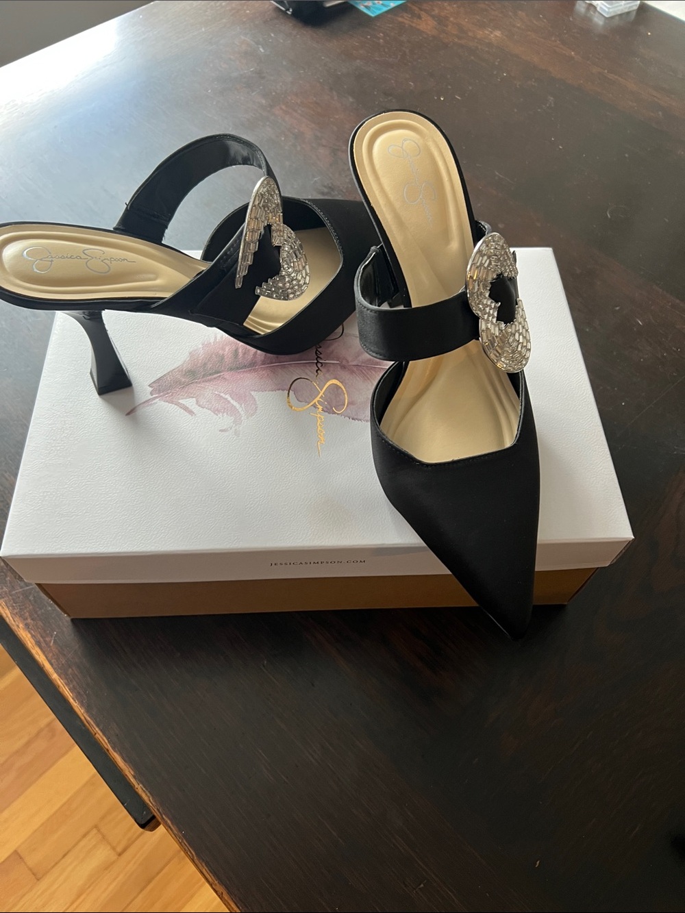 Jessica Simpson Black Satin Pointed Toe Heels with Crystal Buckle Accent